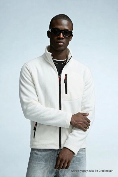 COMBİNE MİCHAİL Erkek Fermuarlı Dik Yaka Bol Beyaz Polar