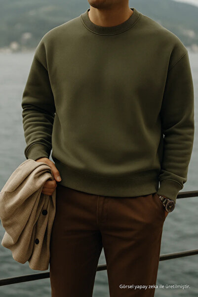 COMBİNE MİCHAİL Men's Thick Crew Neck Casual Khaki Sweater