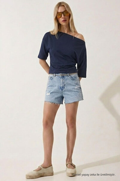 COMBİNE MİCHAİL Women's Off-The-Shoulder Short Sleeve Navy Blue Tight T-Shirt