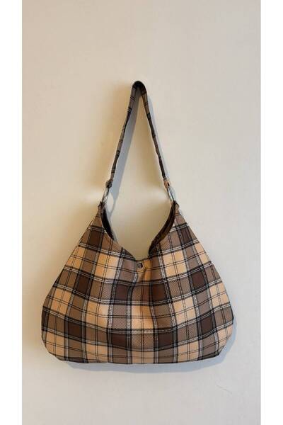 MUTE BAG Brown Ekose Desen / Kahverengi Ekose Desen Omuz Çantası (28*49)