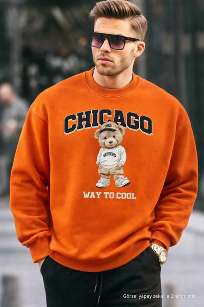 COMBİNE MİCHAİL Chicago Bear Embroidered Retro City Men's Orange Sweatshirt