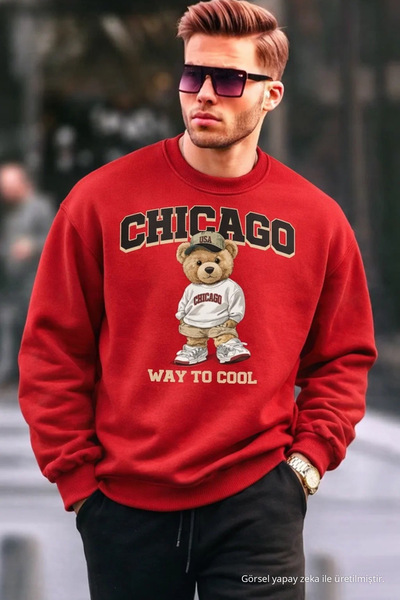 COMBİNE MİCHAİL Chicago Bear Embroidered Retro City Men's Red Sweatshirt