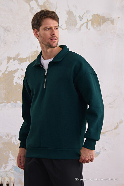 COMBİNE MİCHAİL Erkek Yarım Fermuar Pamuklu Rahat Sweatshirt Petrol