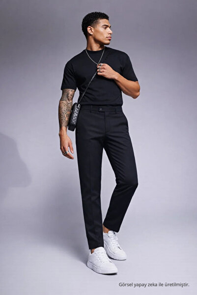 COMBİNE MİCHAİL Men's High Waist Straight Leg Black Trousers