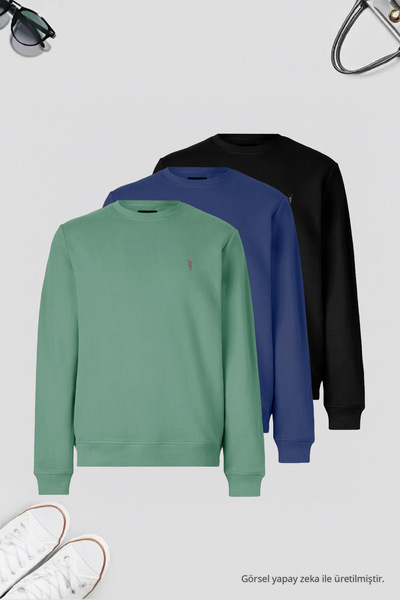 COMBİNE MİCHAİL Erkek 3-lü Siyah-indigo-cagla Sweatshirt Basic Bisiklet Yaka