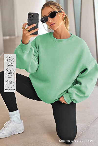 COMBİNE MİCHAİL Kadın Bisiklet Yaka Basic Oversize Sweatshirt SU YEŞİLİ