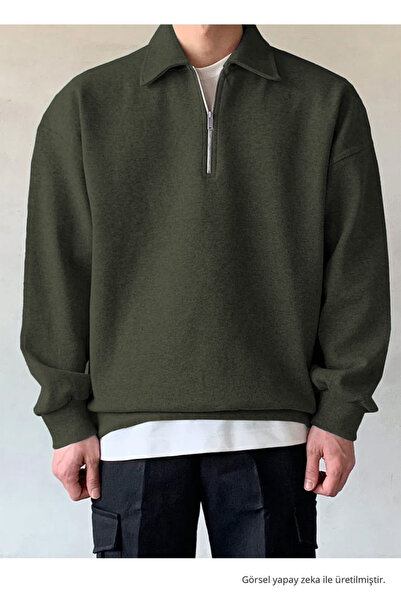 COMBİNE MİCHAİL Erkek Yarım Fermuar Rahat Sweatshirt Koyu Çağla