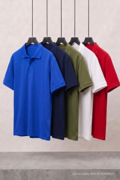 COMBİNE MİCHAİL Men's Short Sleeve Basic 5 Pack Polo Neck T-Shirt