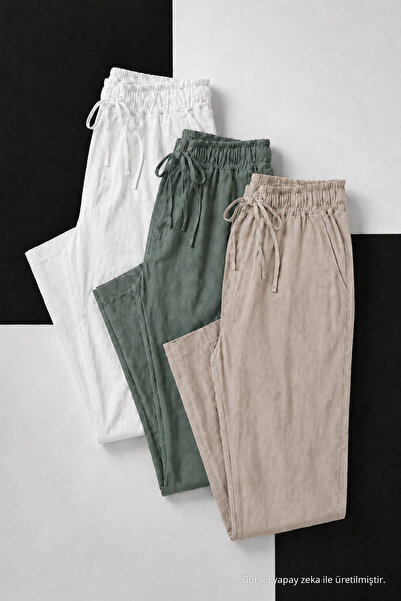 COMBİNE MİCHAİL Men's 3-Piece Linen Trousers with Elastic Waist