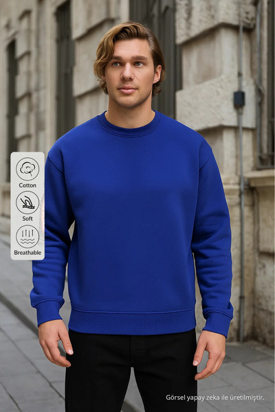 COMBİNE MİCHAİL Erkek Bisiklet Yaka Salaş Mavi Sweatshirt