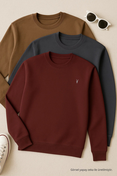 COMBİNE MİCHAİL Men's Loose Crew Neck Wide 3-Piece Sweatshirt