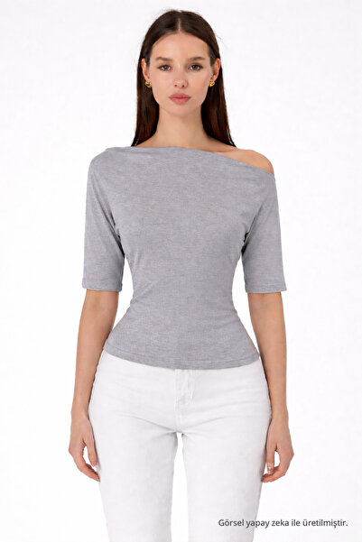 COMBİNE MİCHAİL Women's Off-Shoulder Short Sleeve Gray Slim Blouse