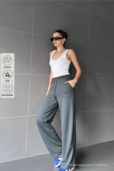 COMBİNE MİCHAİL Women's High Waist Winter 2 Thread Wide Leg Sweatpants