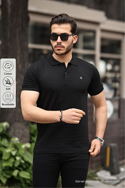 COMBİNE MİCHAİL Erkek Çekmeyen Pamuklu Kumaş Slim Fit Siyah Kıvrılmaz Polo Ya...