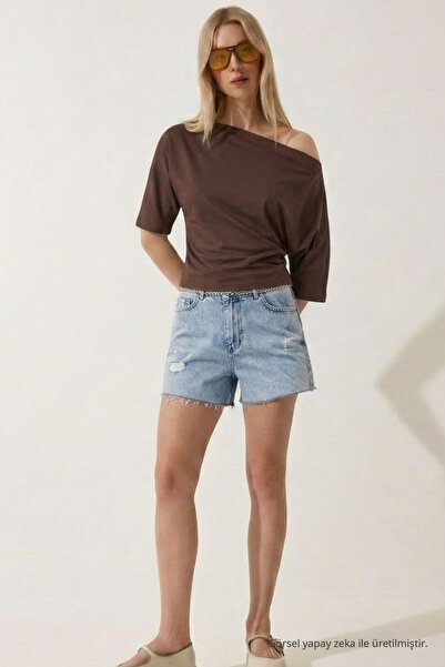 COMBİNE MİCHAİL Women's Off-The-Shoulder Short Sleeve Coffee Color Tight T-Shirt