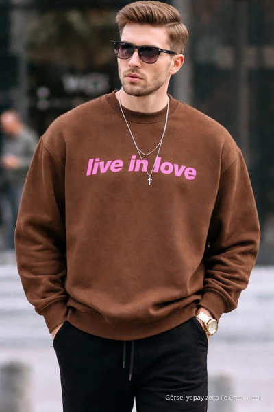 COMBİNE MİCHAİL Written Design Cotton Casual Men's Brown Sweatshirt
