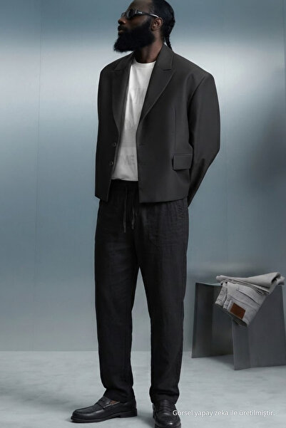 COMBİNE MİCHAİL Men's Black Linen Pants with Elastic Waist
