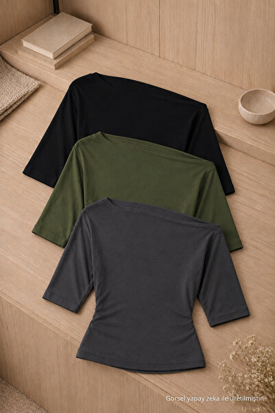 COMBİNE MİCHAİL Women's Off-The-Shoulder Short Sleeve 3-Piece Tight Blouse