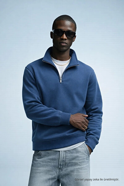 COMBİNE MİCHAİL Erkek Kışlık Örme Yaka Mavi Sweatshirt