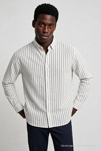 COMBİNE MİCHAİL Erkek Çizgili Regular Fit L.Beyaz Keten Gömlek