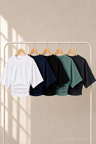 COMBİNE MİCHAİL Women's Crew Neck Basic 5-Piece Crop Blouse