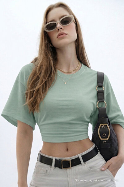 COMBİNE MİCHAİL Kadın Basic Bel Detaylı Çağla Crop Bluz