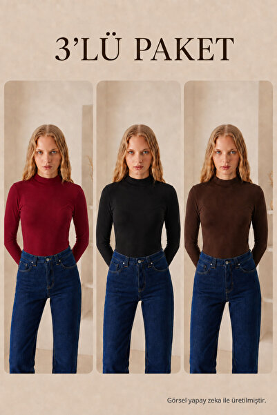COMBİNE MİCHAİL Women's Half Turtleneck Basic 3-Piece Blouse