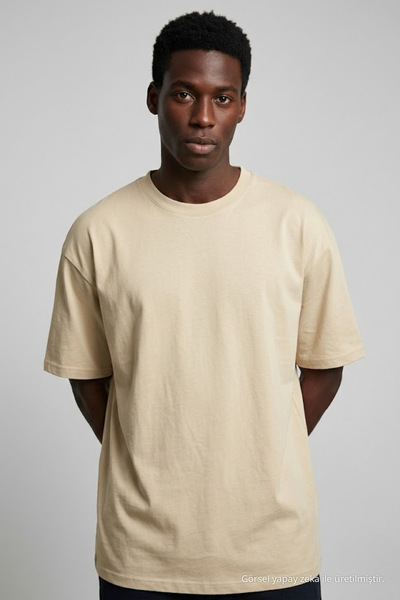 COMBİNE MİCHAİL Men's Short Sleeve Summer Beige Oversized T-Shirt
