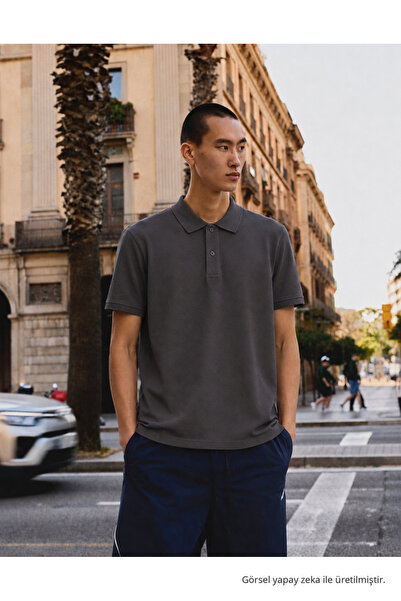 COMBİNE MİCHAİL Men's Basic Loose Fit Smoked Polo Collar T-Shirt