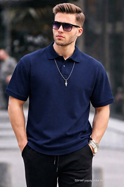 COMBİNE MİCHAİL Men's Basic Relax Navy Blue Polo Neck T-Shirt