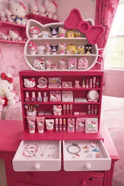 Hello Kitty Çekmeceli Kurdelalı Büyük Boy Masaüstü Raf Organizer Çok amaçlı F...