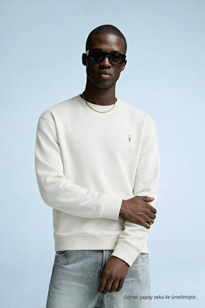 COMBİNE MİCHAİL Men's Embroidered Shiny Ecru Sweatshirt
