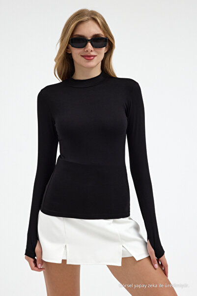 COMBİNE MİCHAİL Women's Half Turtleneck Basic Black Blouse