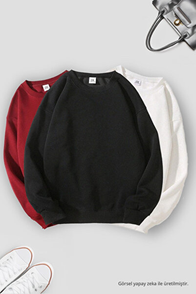 COMBİNE MİCHAİL Unisex 3'Lü Siyah Beyaz Bordo Bisiklet Yaka Oversize Sweatshi...
