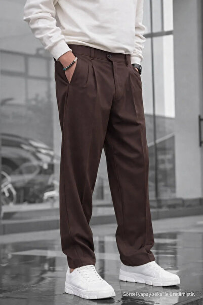 COMBİNE MİCHAİL Men's Double Pleated Loose Brown Baggy Trousers