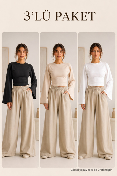 COMBİNE MİCHAİL Women's Basic Wide Sleeve 3-Piece Crop Blouse