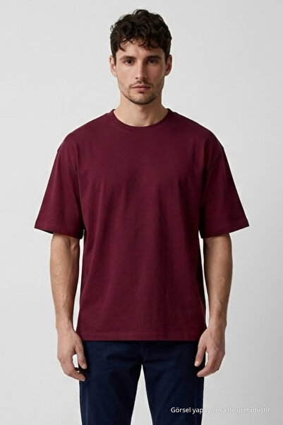COMBİNE MİCHAİL Men's Crew Neck Claret Red Oversized T-Shirt