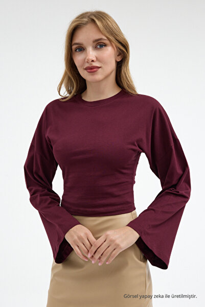 COMBİNE MİCHAİL Kadın Basic Geniş Kol Bordo Crop Bluz