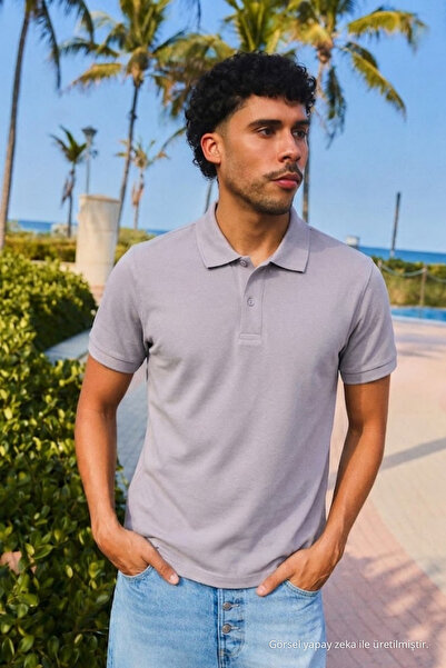 COMBİNE MİCHAİL Men's Short Sleeve Gray Loose Polo Collar T-Shirt