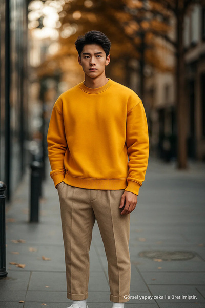 COMBİNE MİCHAİL Men's Casual Basic Mustard Yellow Sweater