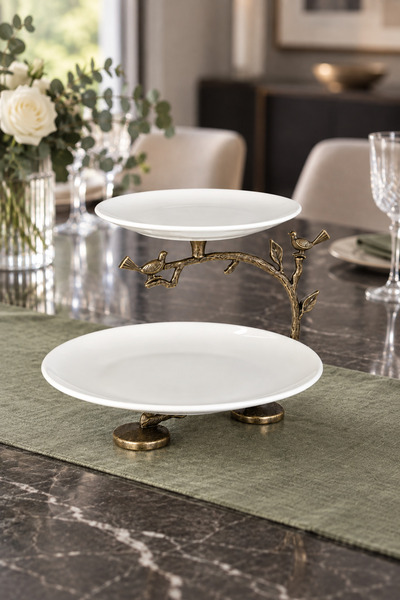 MAY HOME Eskitme 2 Katlı Sunumluk Porselen Tabak & Kurabiyelik Kek Pasta Sunu...