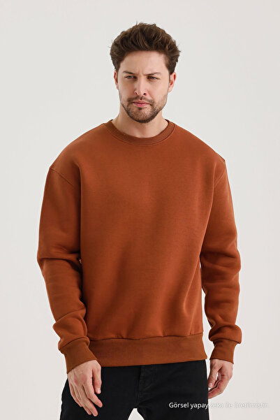 COMBİNE MİCHAİL Tarçın Bisiklet Yaka Oversize Şardonlu Basic Erkek Sweatshirt