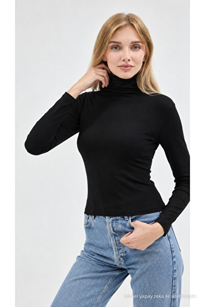 COMBİNE MİCHAİL Women's Ultra Soft Turtleneck Black Blouse
