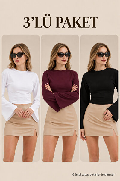 COMBİNE MİCHAİL Kadın Bele Oturan Casual 3 Lü Crop Bluz