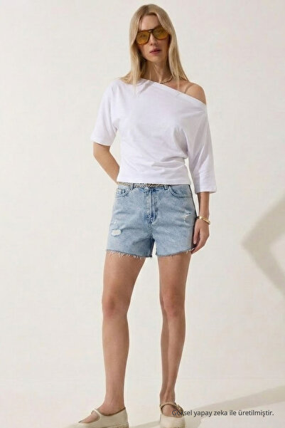 COMBİNE MİCHAİL Women's Off-The-Shoulder Short Sleeve White Tight T-Shirt