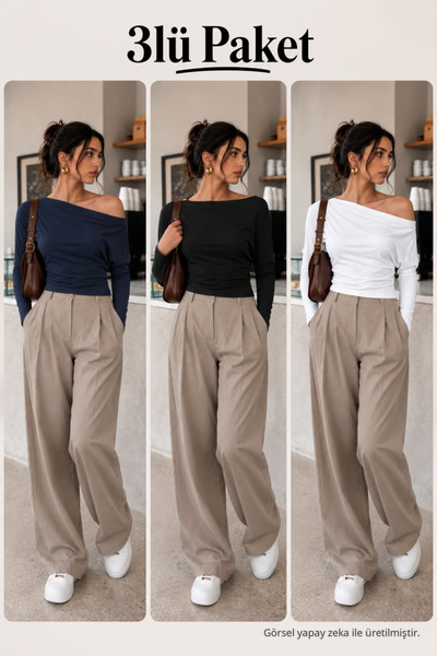 COMBİNE MİCHAİL Women's Boat Neck Basic Slim Blouse 3-Piece