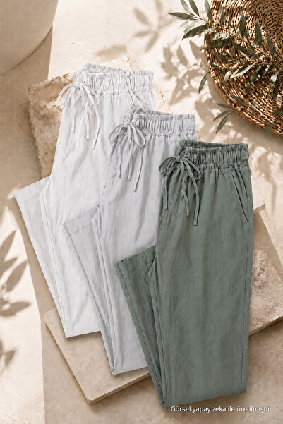 COMBİNE MİCHAİL Men's 3-Piece Loose Linen Trousers with Elastic Waist