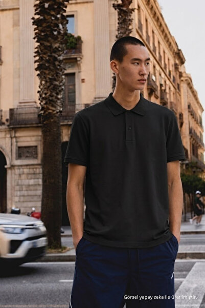 COMBİNE MİCHAİL Men's Basic Loose Black Polo Neck T-Shirt