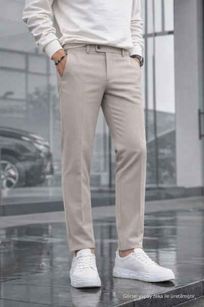 COMBİNE MİCHAİL Erkek Straight Fit Pamuklu Krem Pantolon