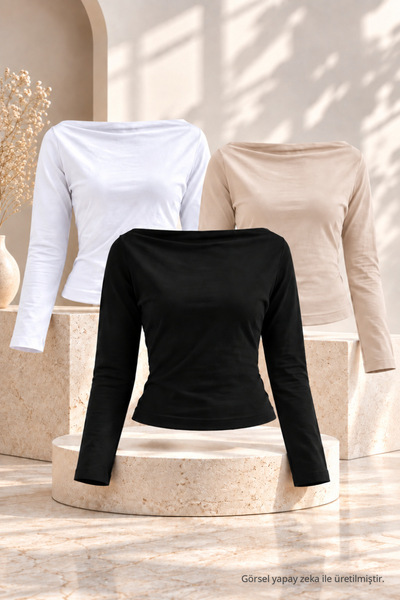 COMBİNE MİCHAİL Women's Boat Neck Basic Slim Blouse 3-Piece Set